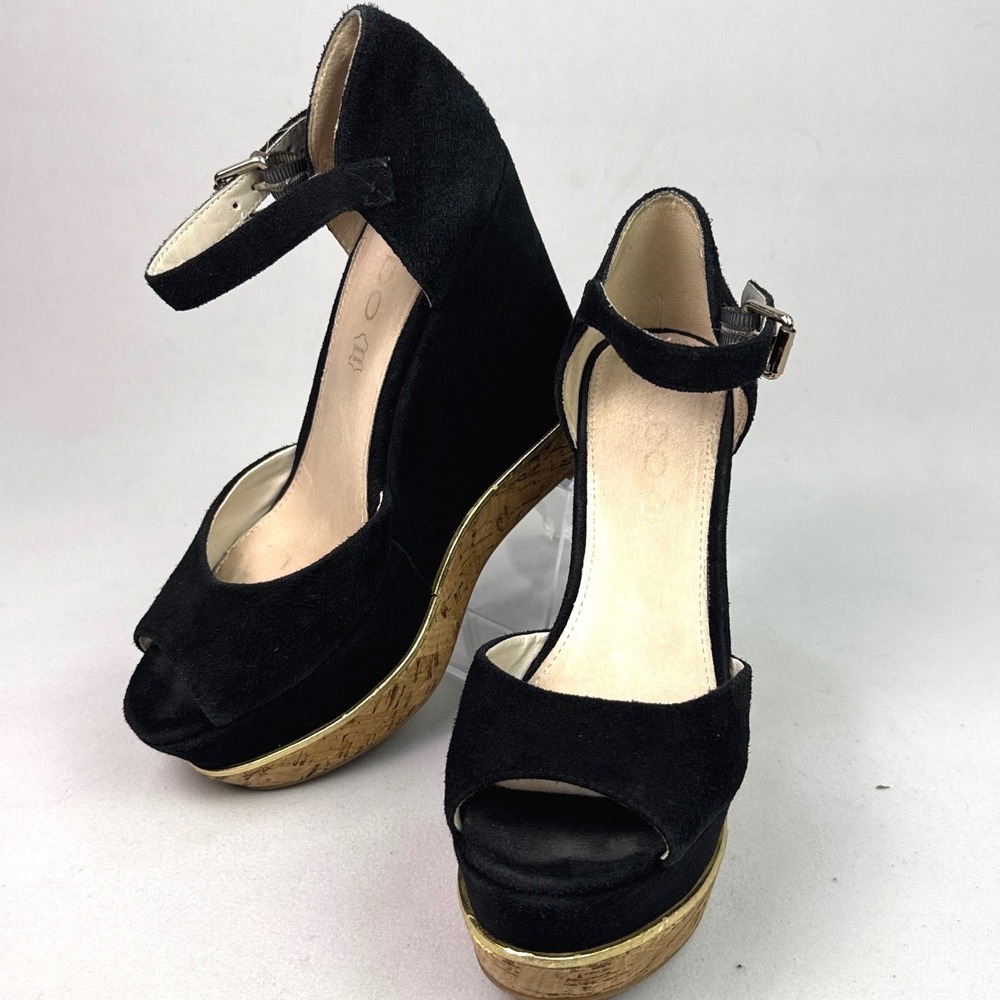 Aldo Black Suede Peep Toe Cork Wedge Sandals Gold Trim Ankle Strap
